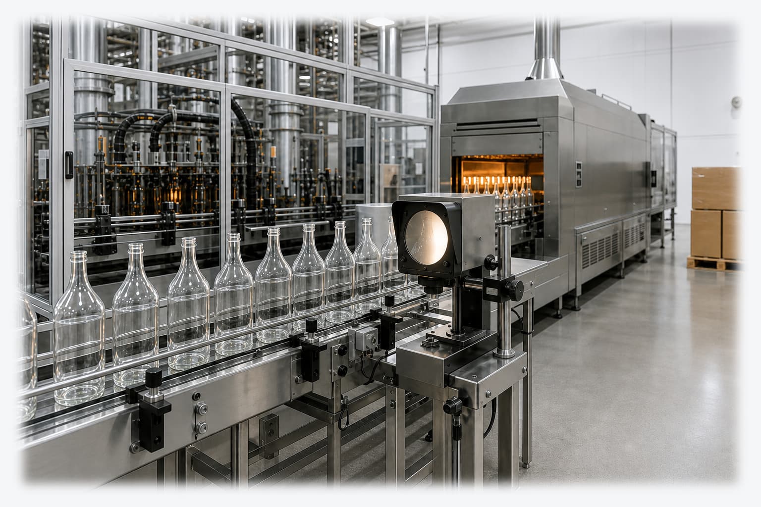 Clear glass bottles moving from annealing through automated optical inspection in a modern glass container factory