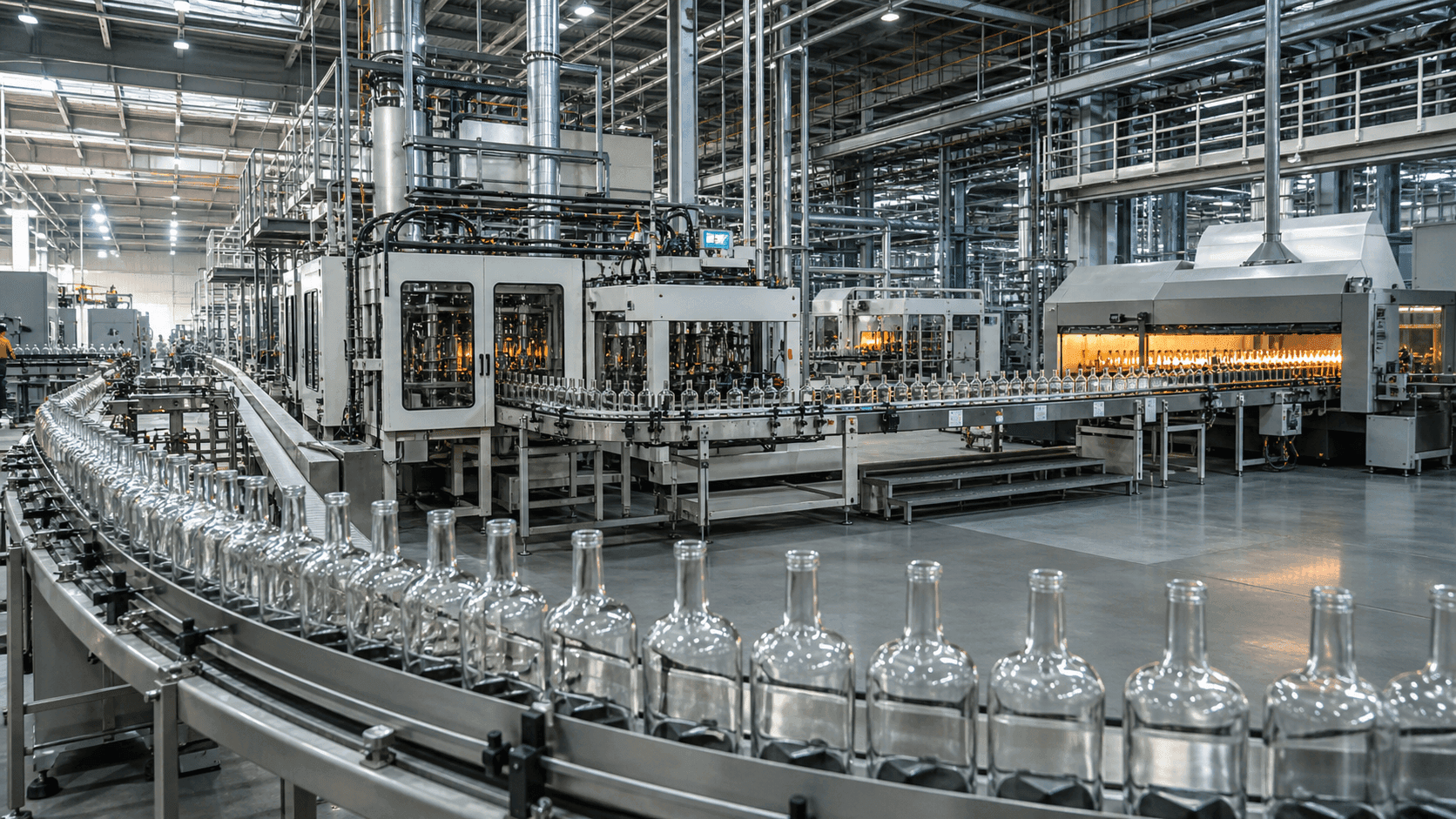 Glass bottle factory production floor with IS forming machines and conveyor lines