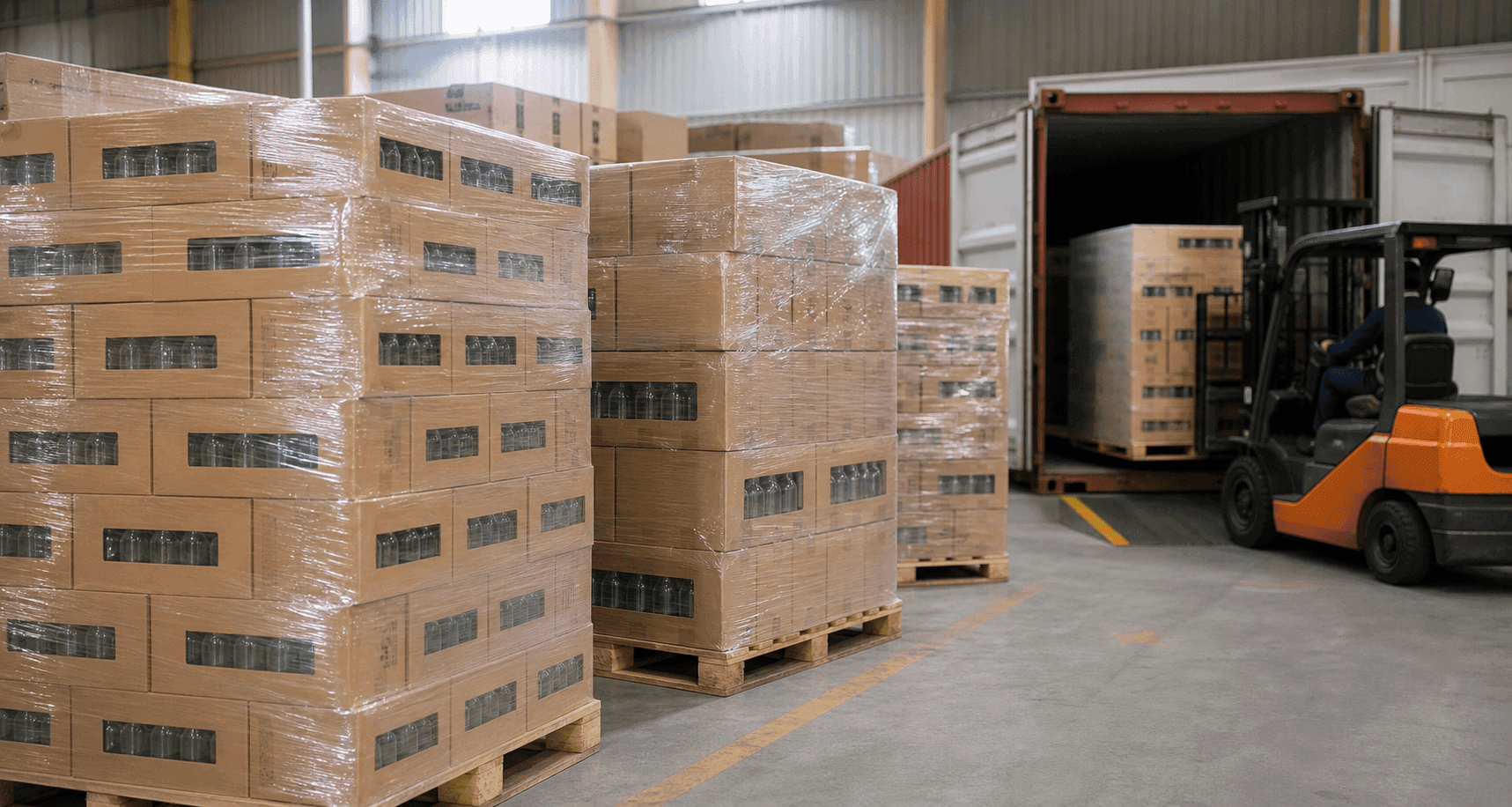 Palletized cartons of glass bottles being loaded into an export shipping container