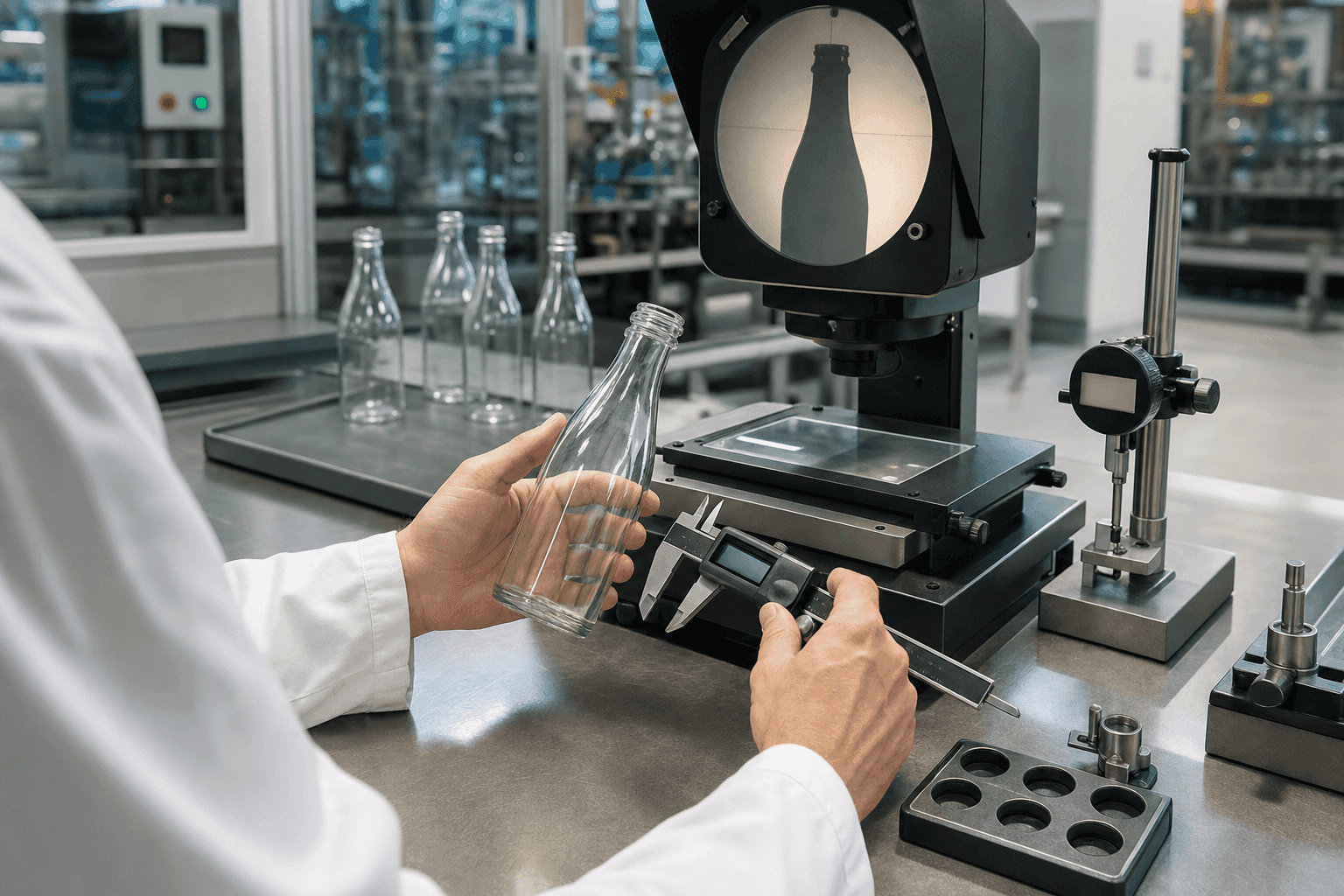 Quality-control laboratory technician measuring a glass bottle with an optical projector