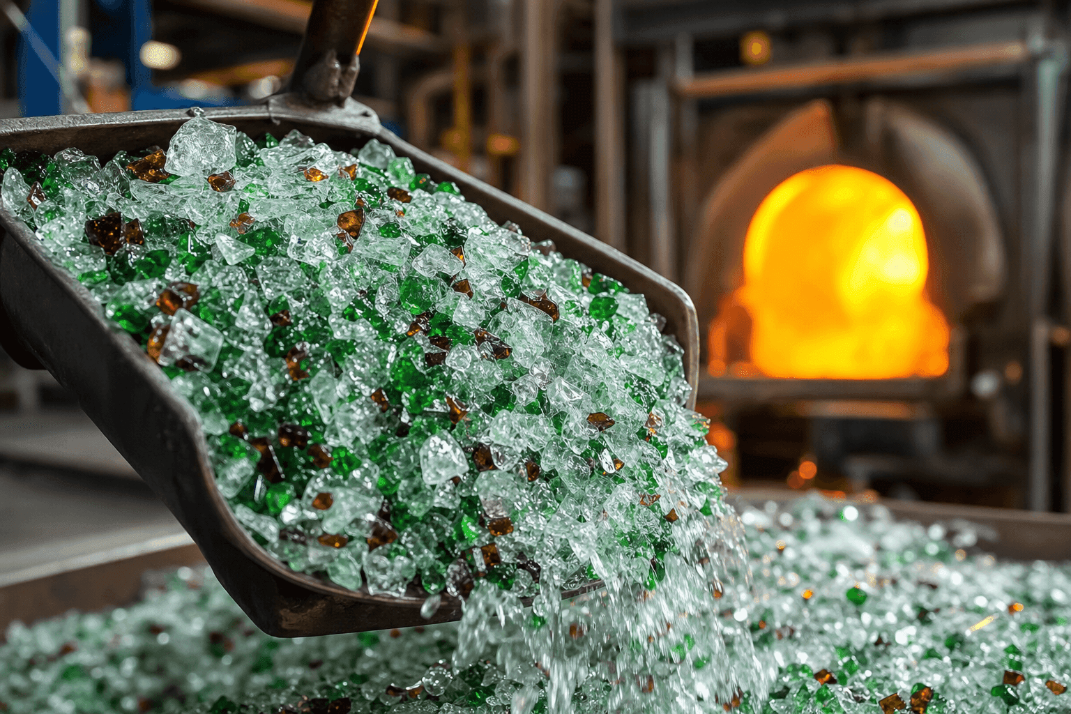 Recycled glass cullet being charged into a furnace