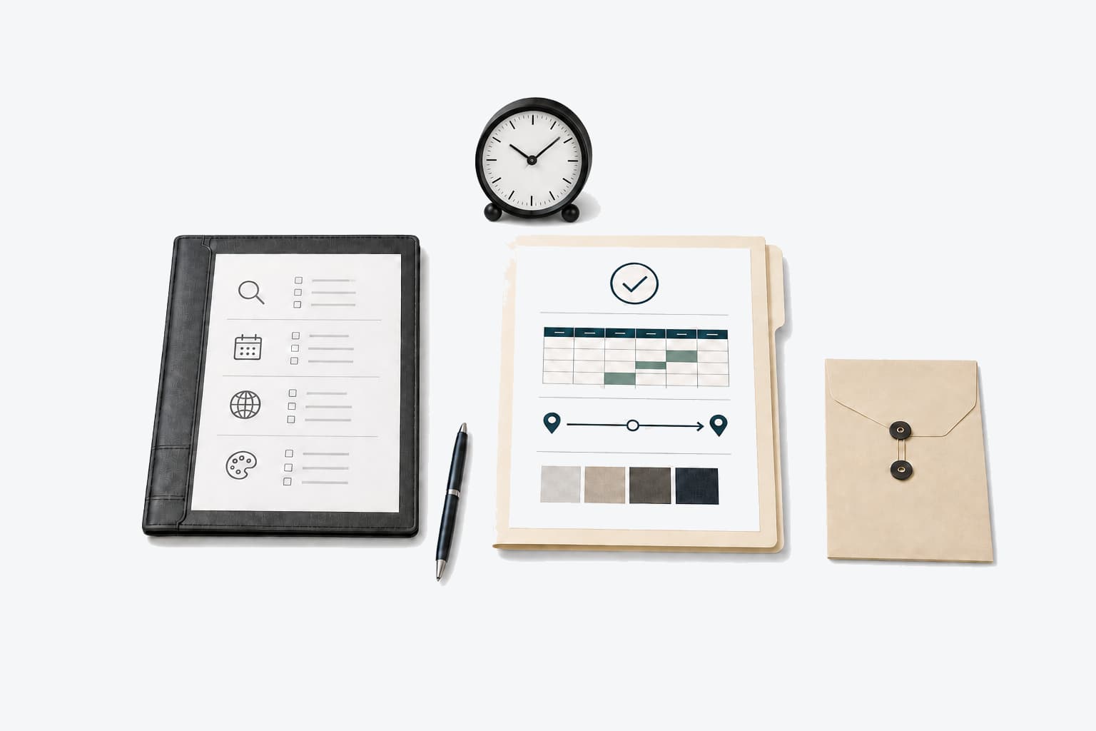 A structured inquiry brief, prepared quote response, clock and envelope arranged on a seamless desktop