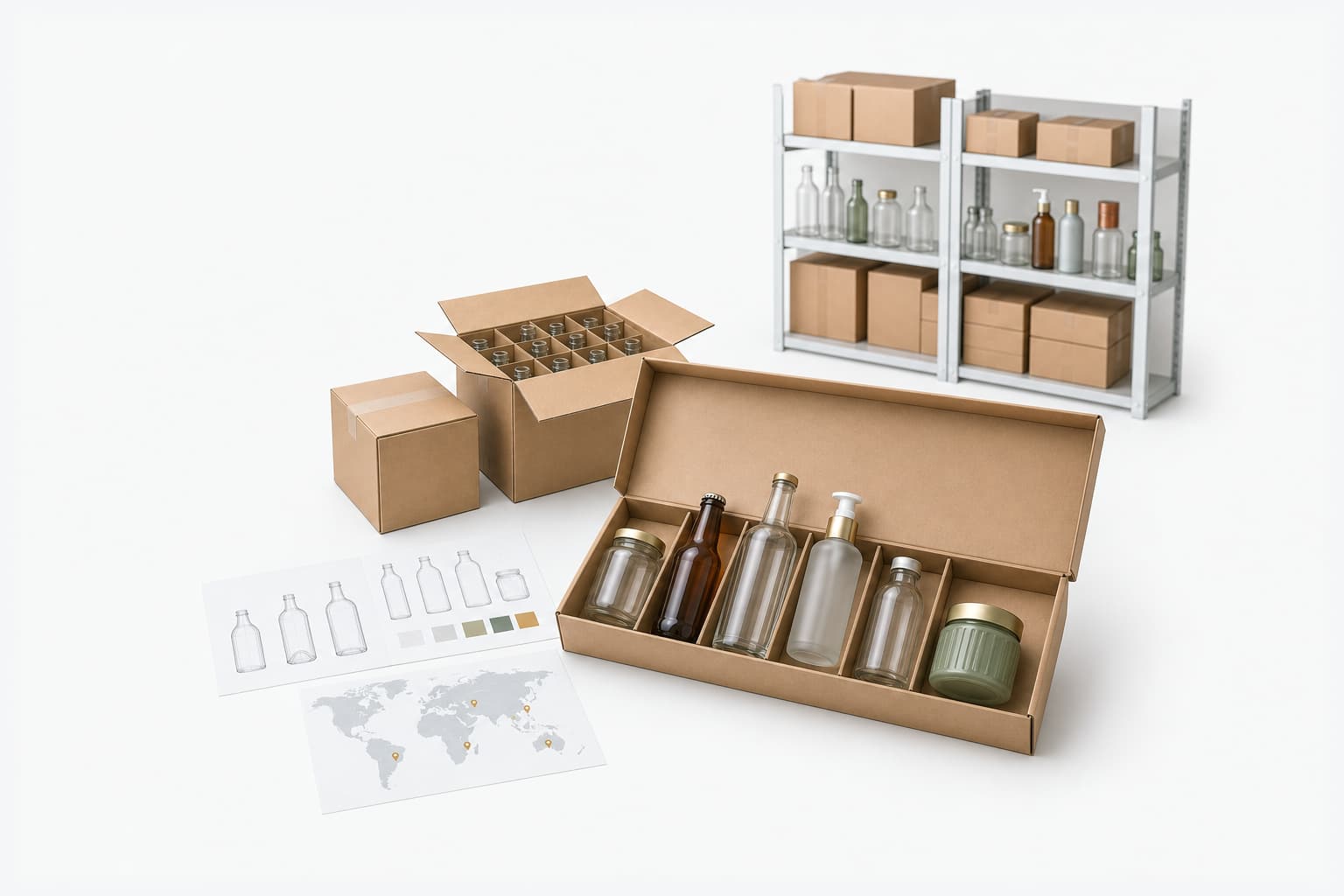Glass packaging distributor sample kit with product catalogs, territory planning materials, packed inventory and local stock shelving