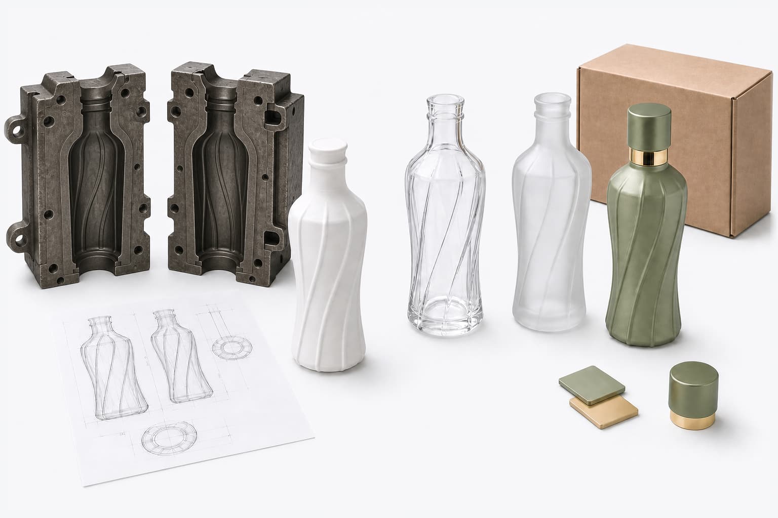 OEM glass packaging development workspace with a concept drawing, open two-part glass bottle mold, prototypes, finish samples and export carton