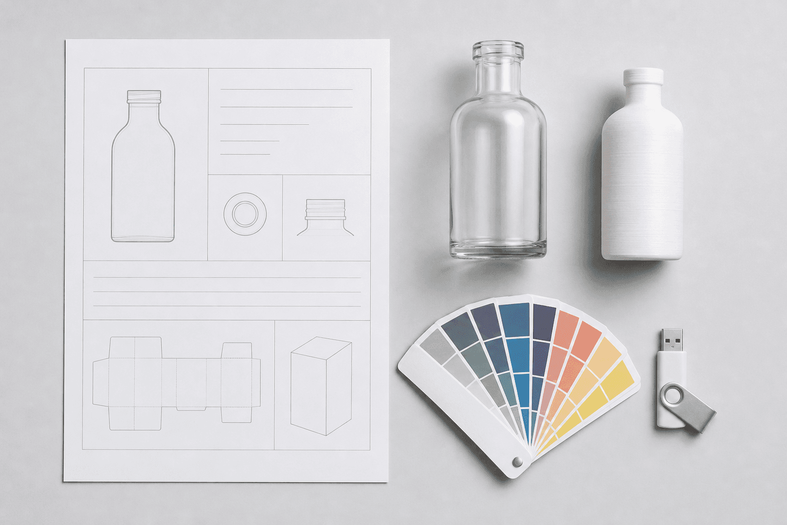 A packaging project brief: spec sheet, Pantone swatches, sample bottle and 3D-printed model