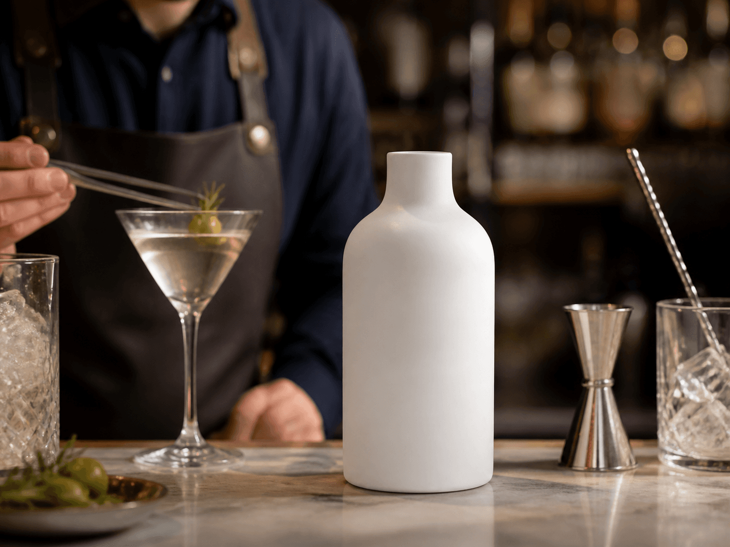 Ceramic Direct-print Bottle used for gin, liqueur & craft releases in a premium spirits setting
