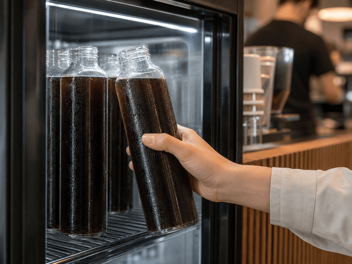 Cold Brew Coffee Bottle used for bottles sold beside the counter in a café retail setting