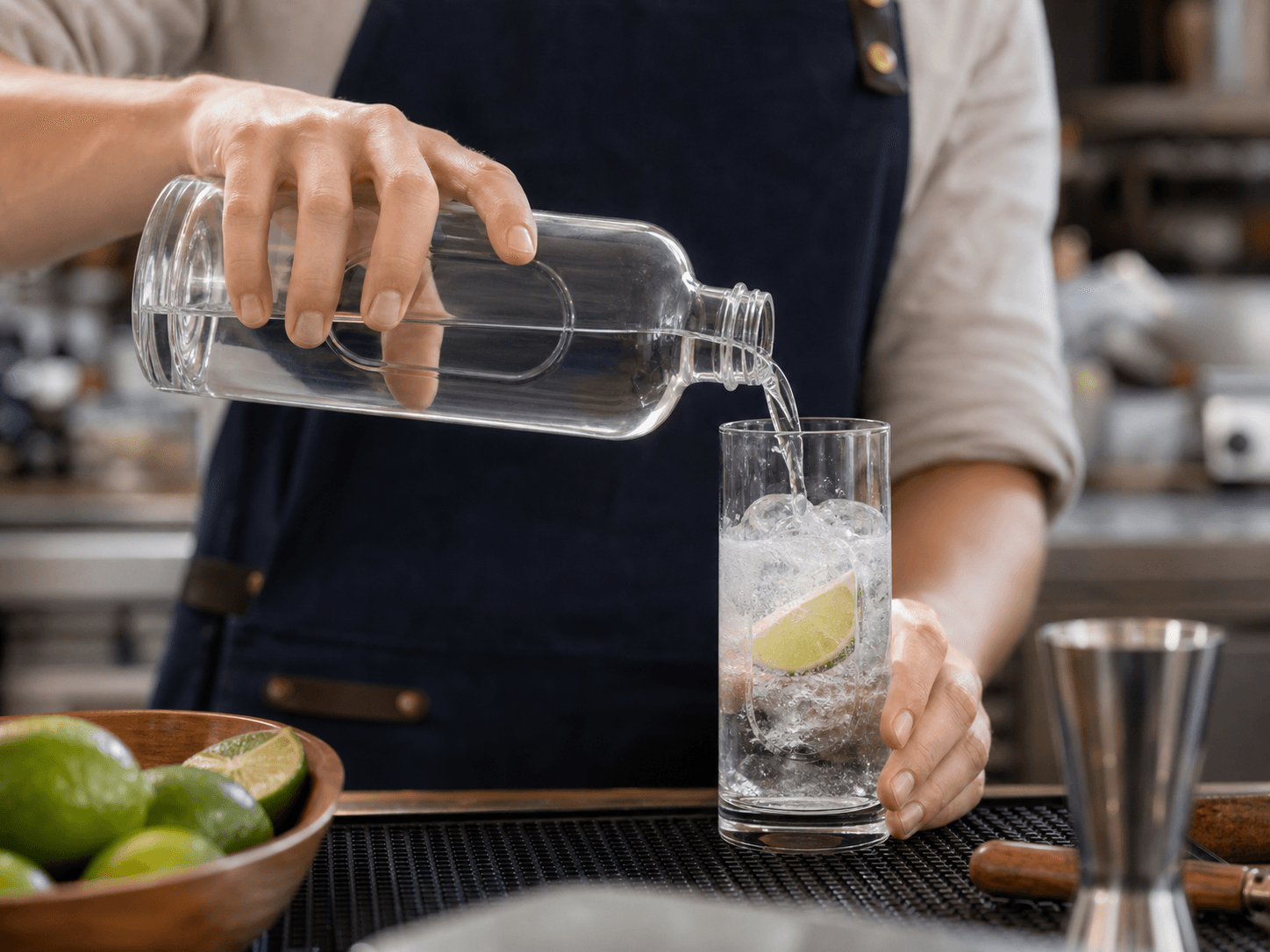 Debossed Bottle used for volume spirits & mixers in a distribution-heavy setting