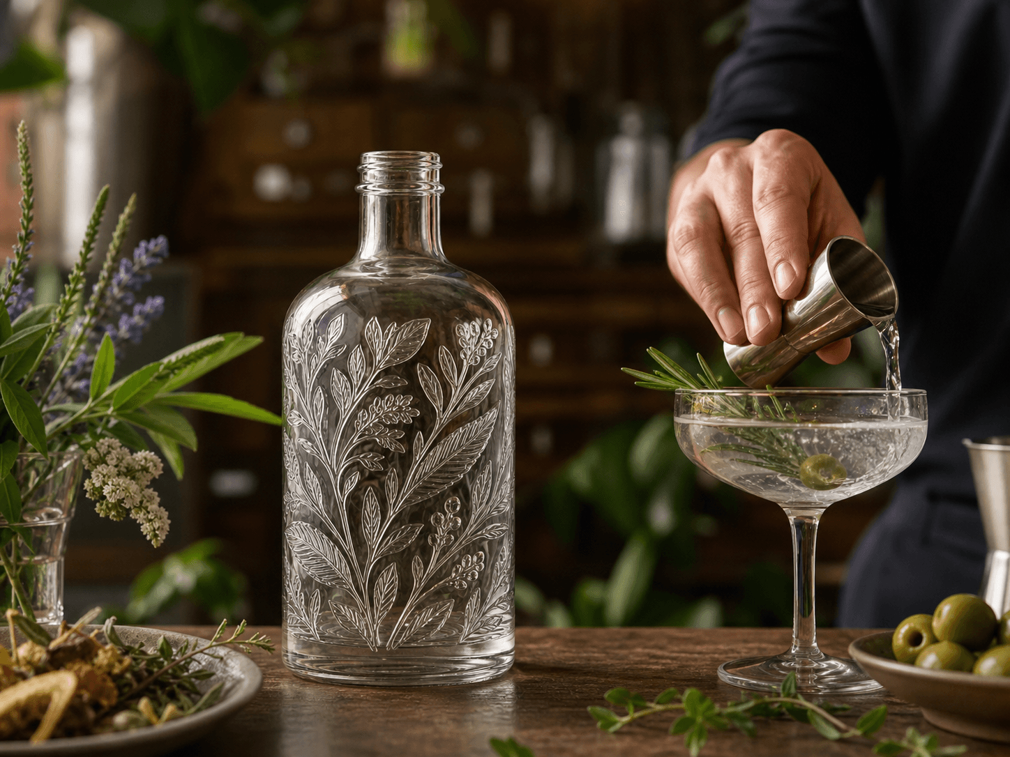 Embossed Botanical Bottle used for gin, vermouth & herbal liqueurs in a botanical spirits setting
