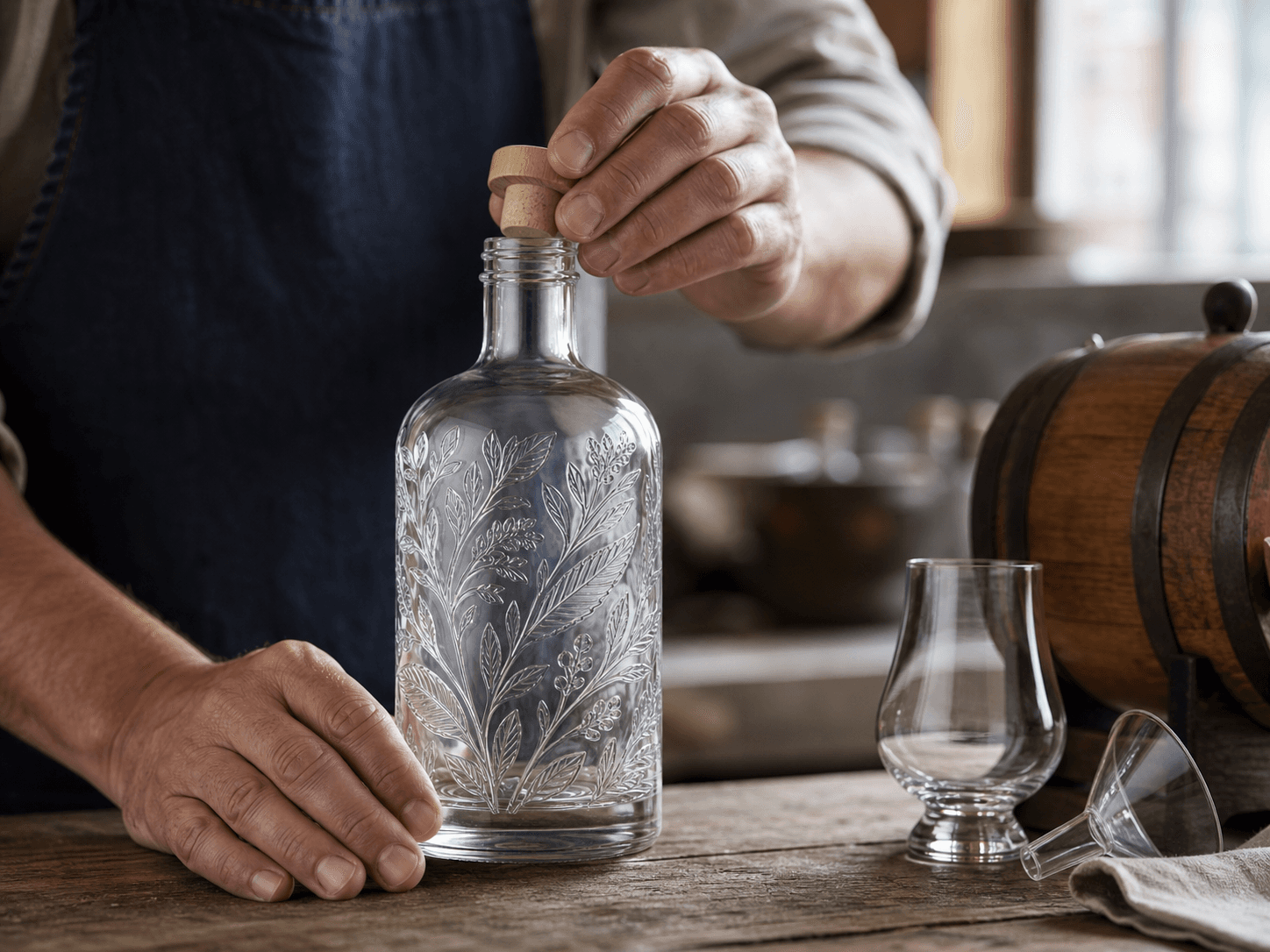 Embossed Botanical Bottle used for traditional & small-batch releases in a heritage & craft setting