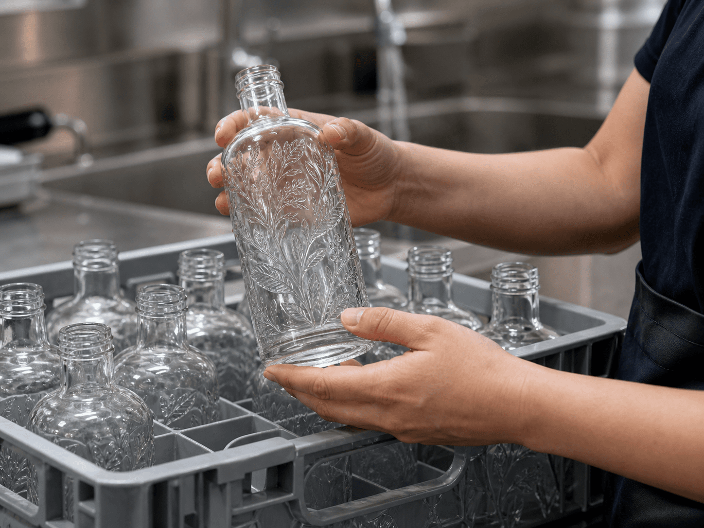 Embossed Botanical Bottle used for refill & returnable programs in a reusable formats setting