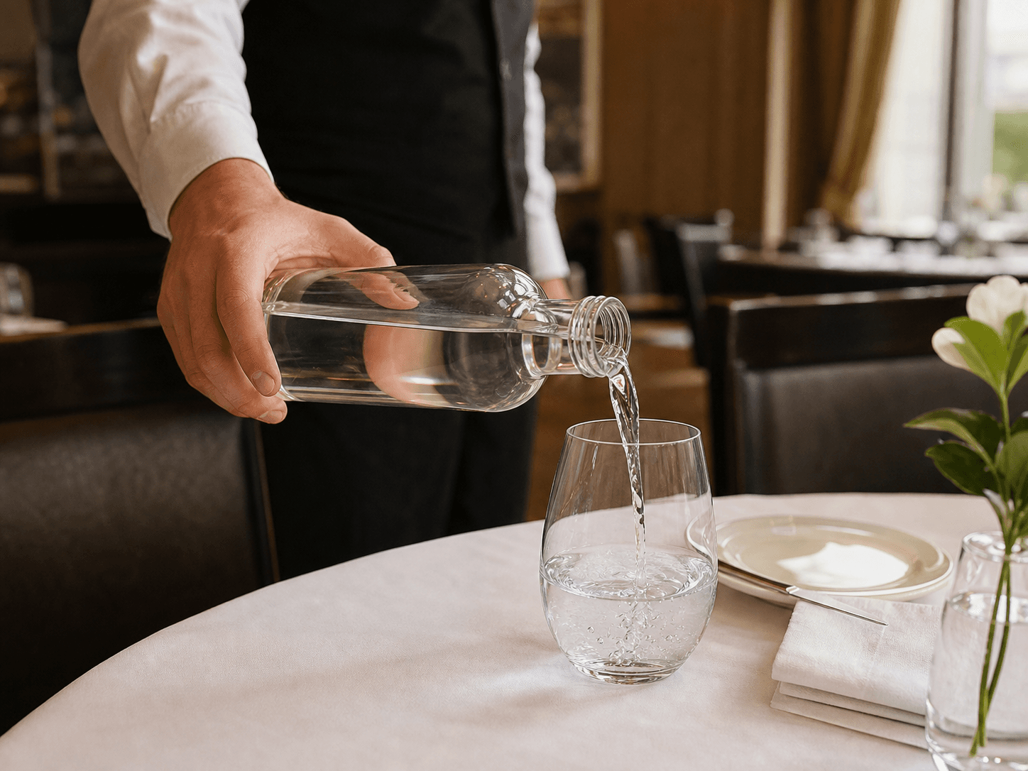 Glass Water Bottle used for table water in restaurants and rooms in a hospitality setting