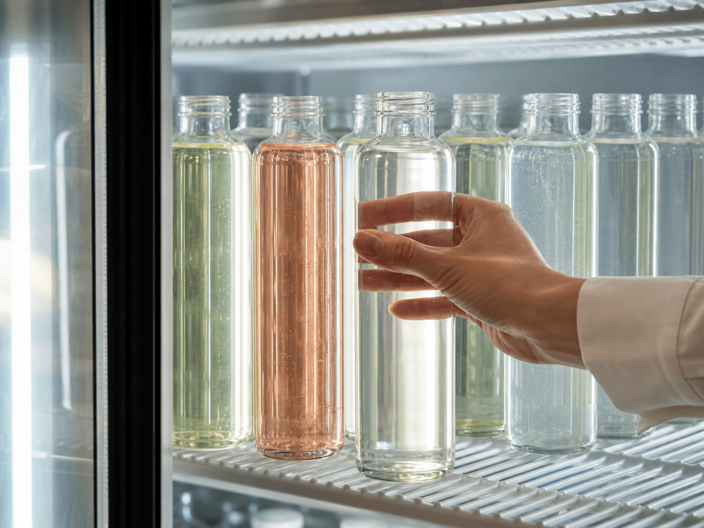 Glass Water Bottle used for flavors told apart through the glass in a chilled cabinets setting