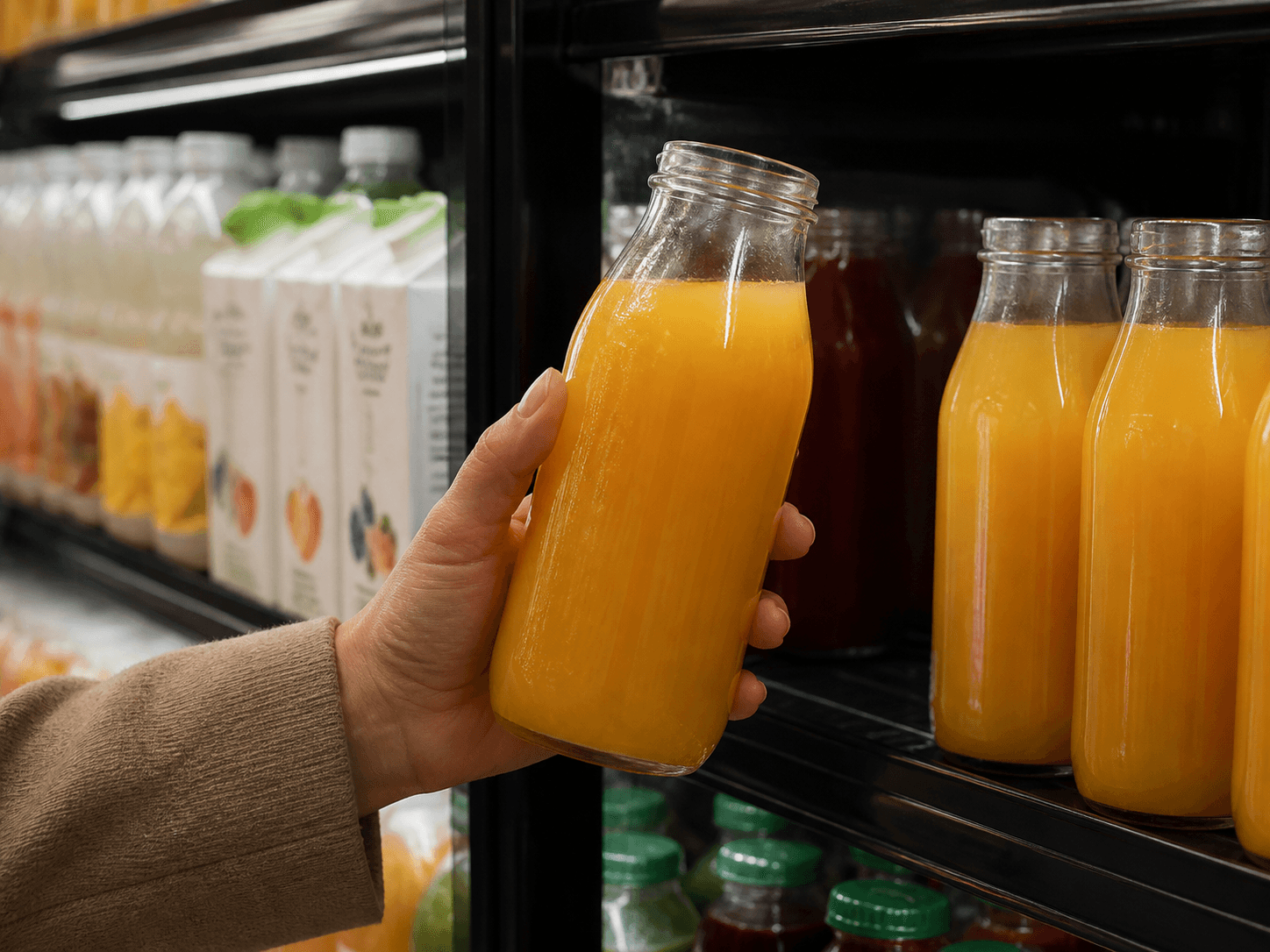 Juice Bottle used for glass in a plastic-dominated aisle in a premium retail setting