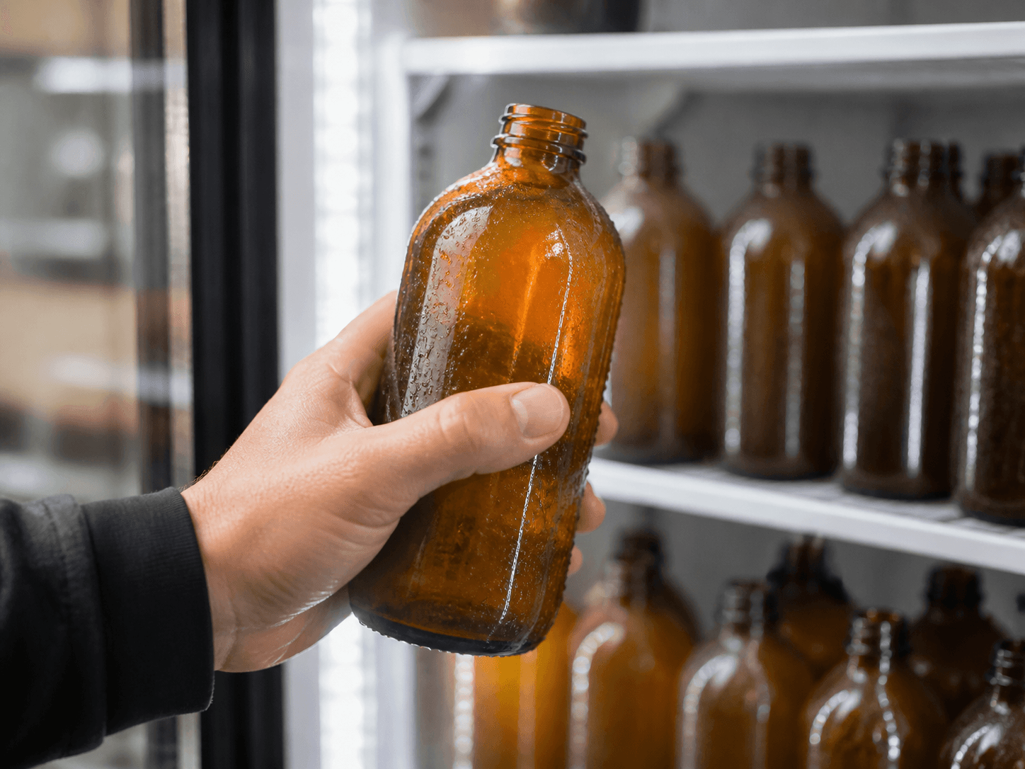 Kombucha Bottle used for bottles sold from a cold cabinet in a chilled retail setting