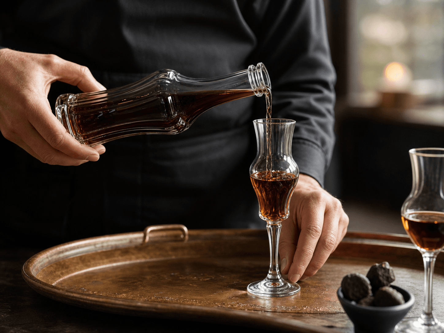 Liqueur Bottle used for relief and texture in the bottle itself in a decorative glass setting
