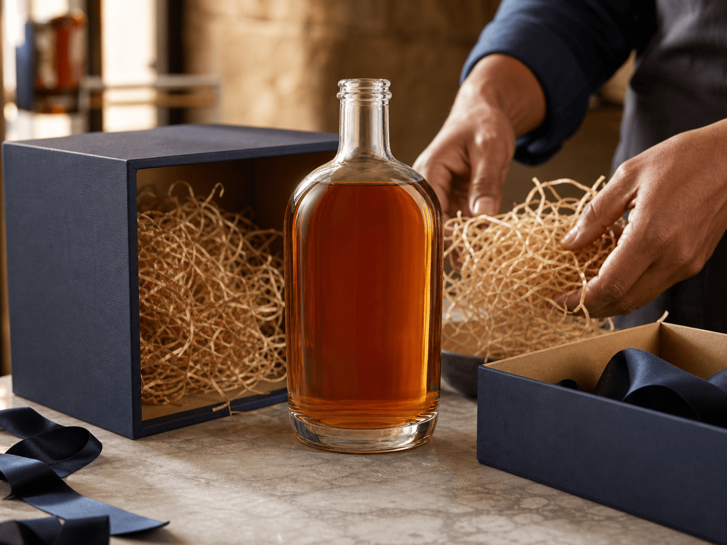 Rum Bottle used for boxed rums with heavy decoration in a premium gifting setting