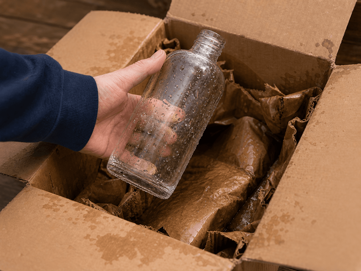 Screw-cap Bottle used for bottles that arrive wet in the box in a parcels in transit setting