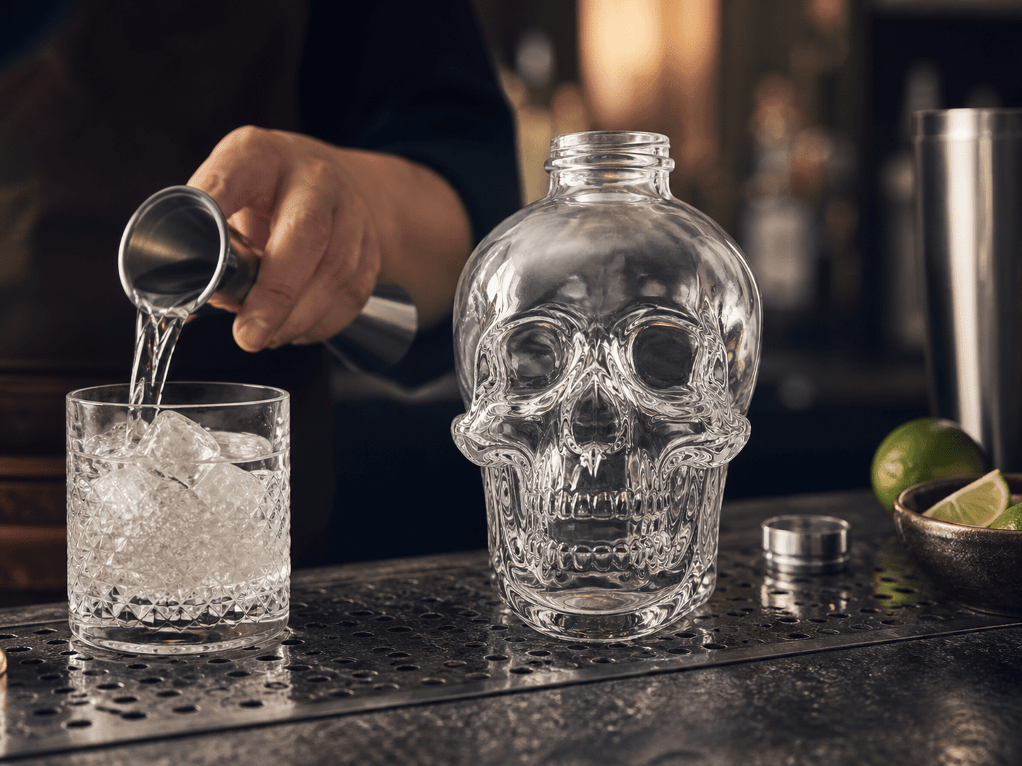 Skull Bottle used for vodka, tequila & flavored spirits in a spirits setting