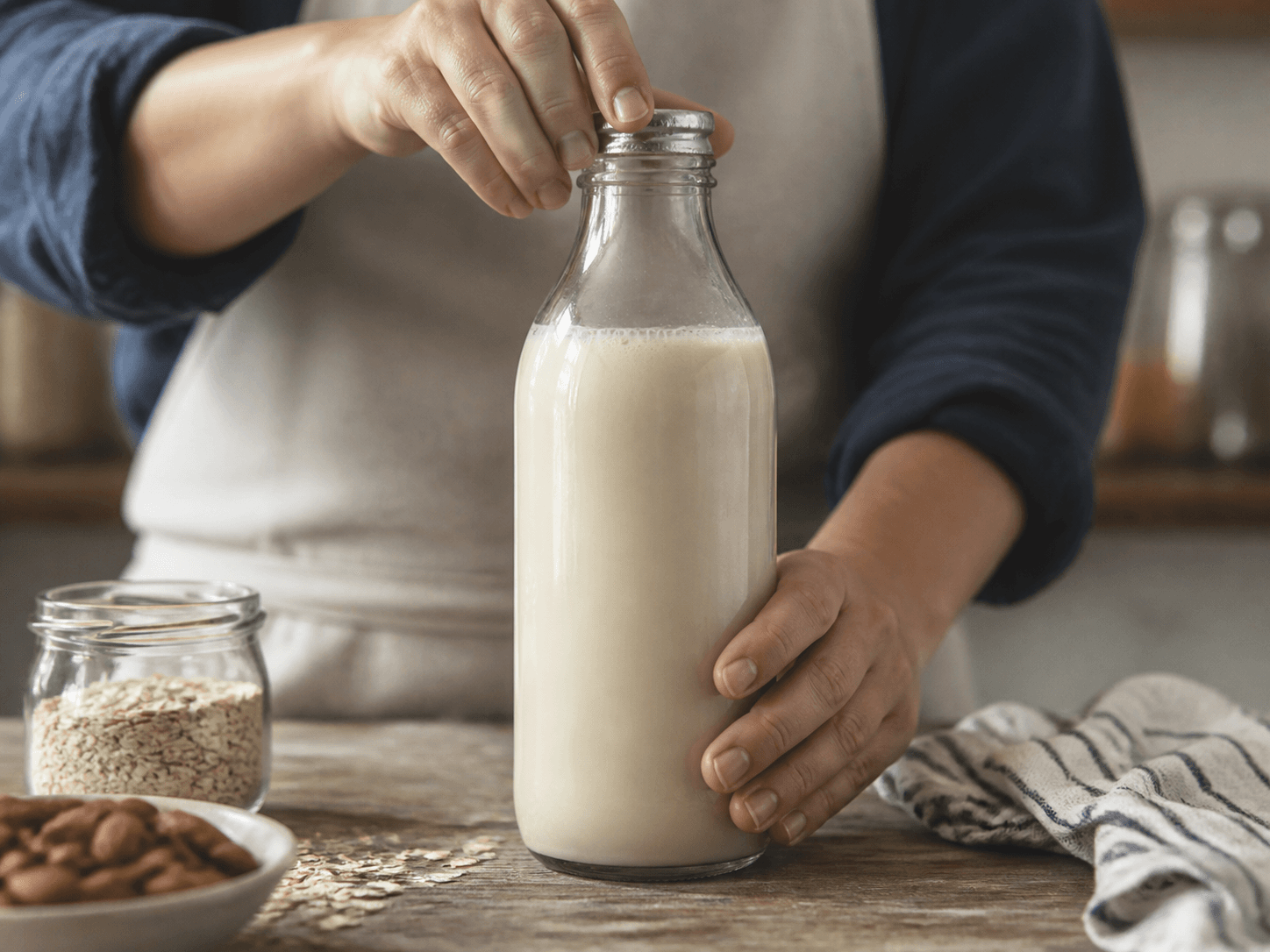 Vintage Milk Bottle used for alternative milks borrowing the cue in a plant drinks setting