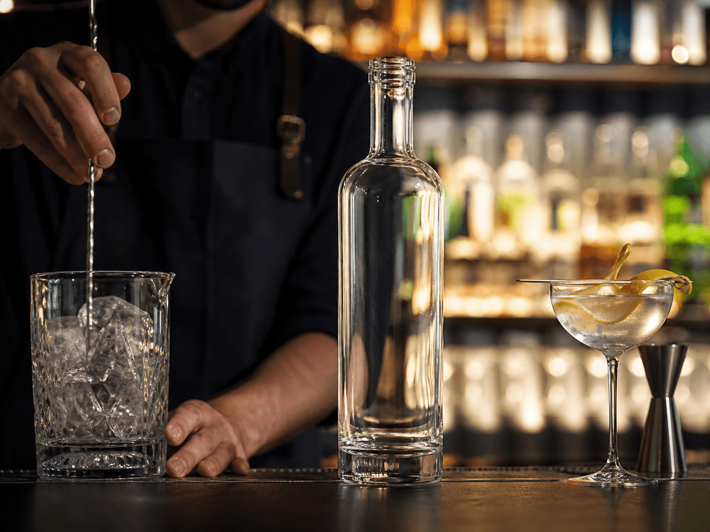 Vodka Bottle used for tall clear bottles on a lit back bar in a vodka release setting