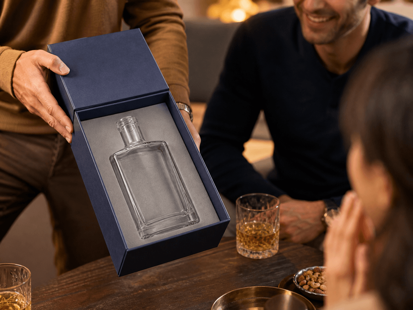 Whiskey Bottle used for boxed bottles opened in front of people in a gift and hospitality setting