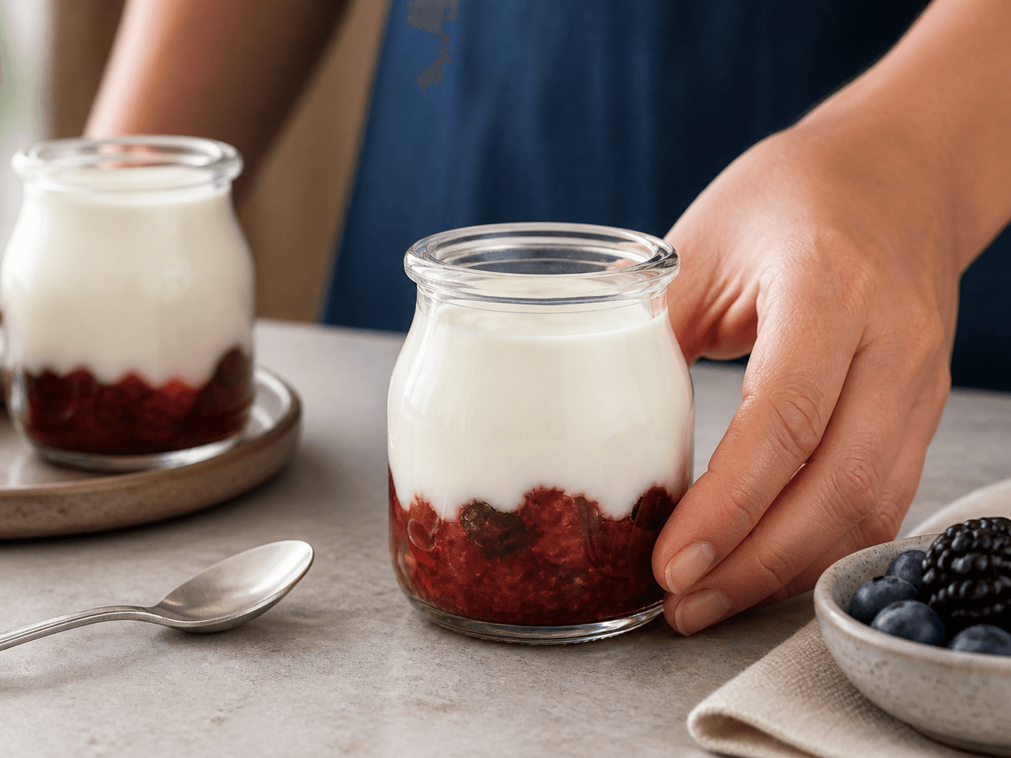 Yogurt Bottle used for fruit and cream visible through the wall in a layered desserts setting