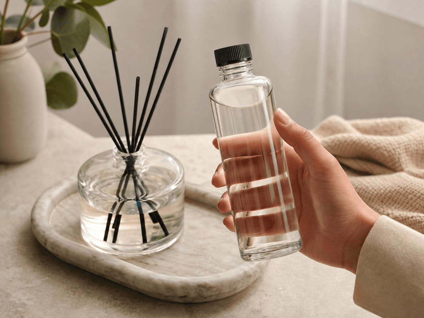 Diffuser Refill Bottle used for refills that replace a whole new diffuser in a sustainability setting