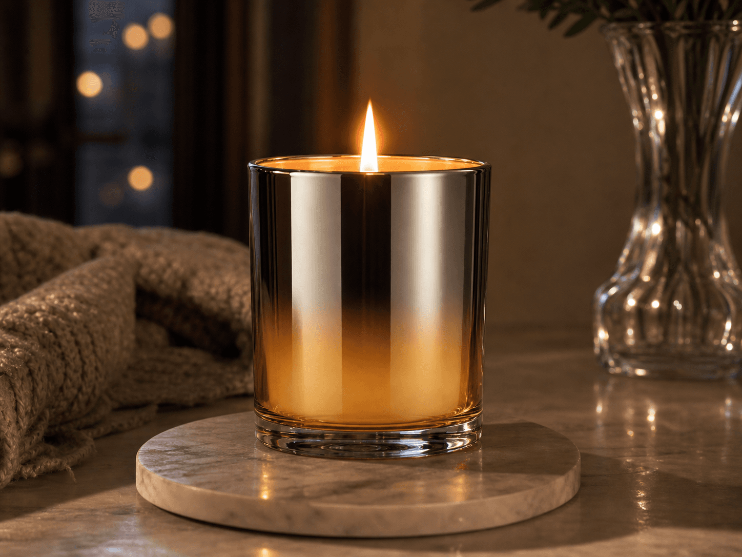 Electroplated Gradient Candle Jar used for reflective vessels lit in the evening in a luxury candles setting