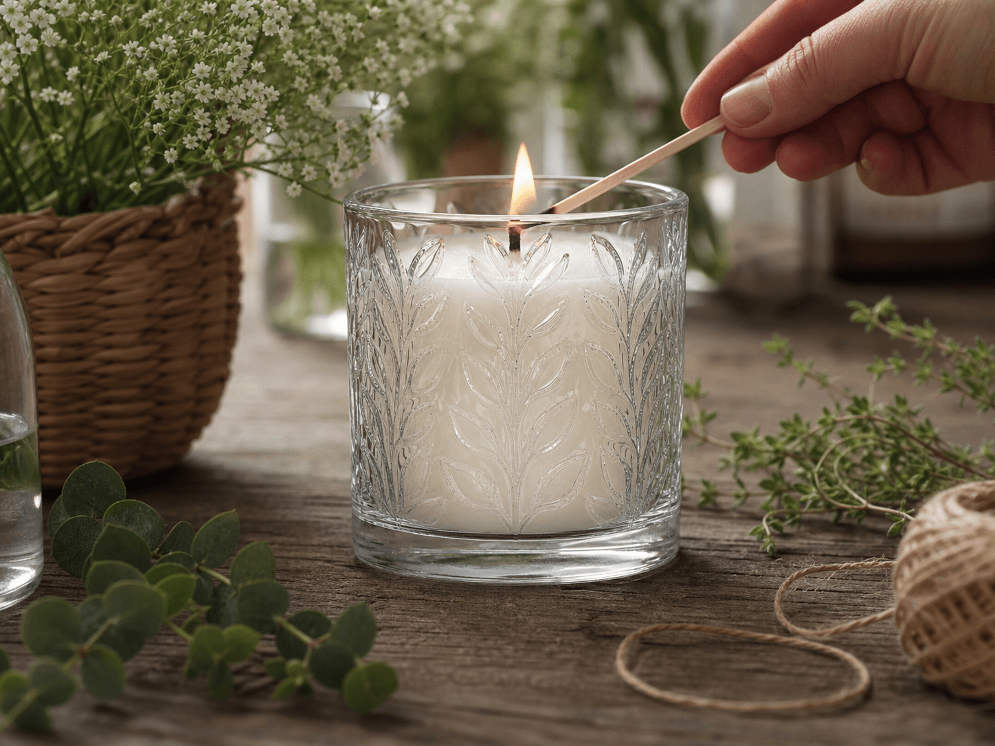 Embossed Candle Jar used for candles built on a garden story in a botanical ranges setting