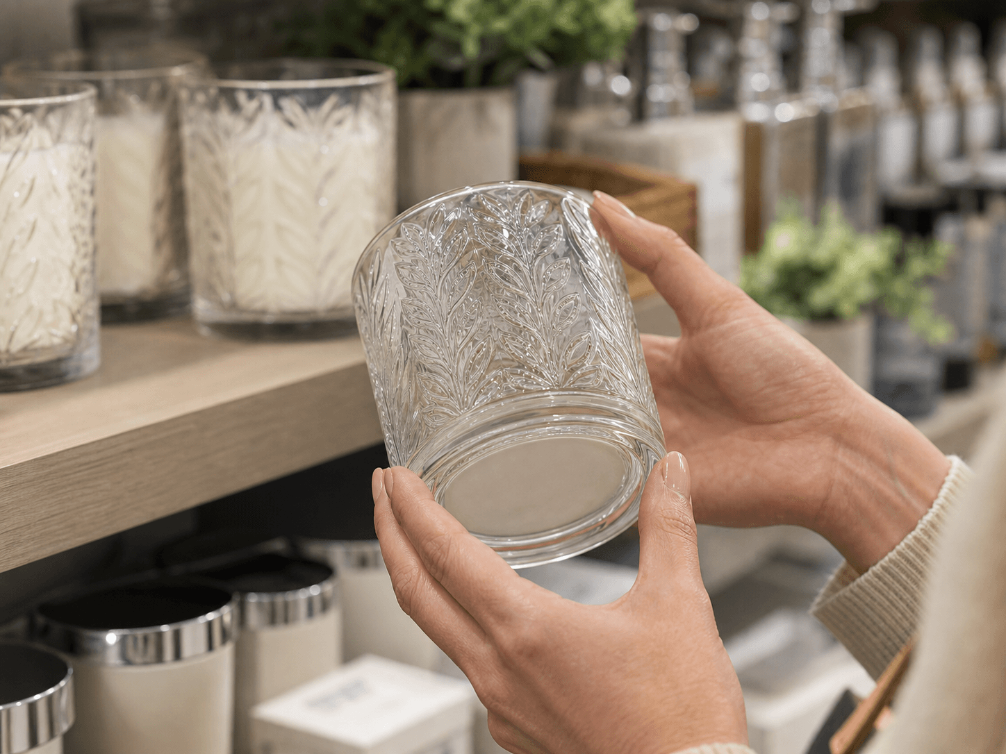 Embossed Candle Jar used for a shopper looking for the scent name in a shelves in a store setting