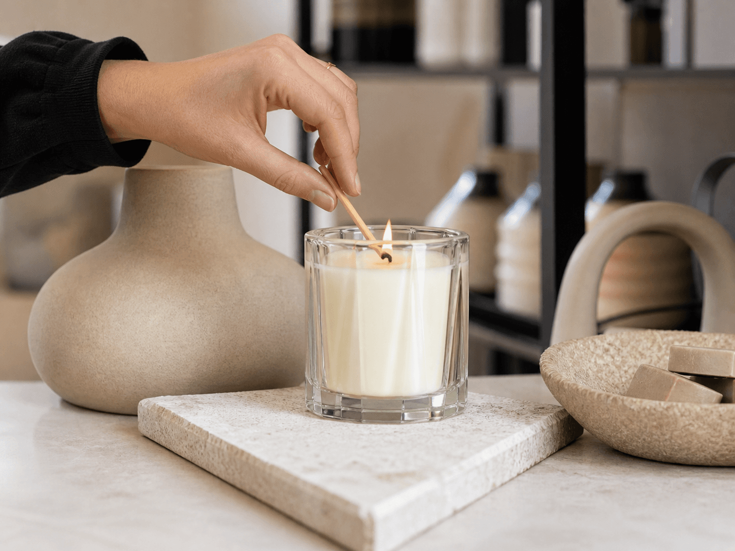Geometric Faceted Candle Jar used for homeware and concept-store ranges in a design retail setting