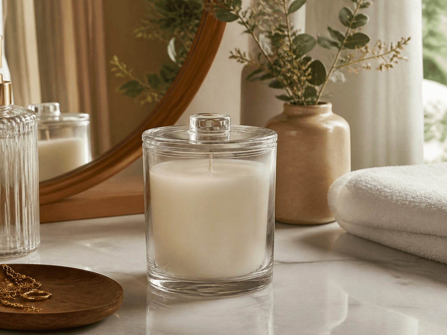 Glass-lid Candle Jar used for a candle that stays out unlit in a styled interiors setting