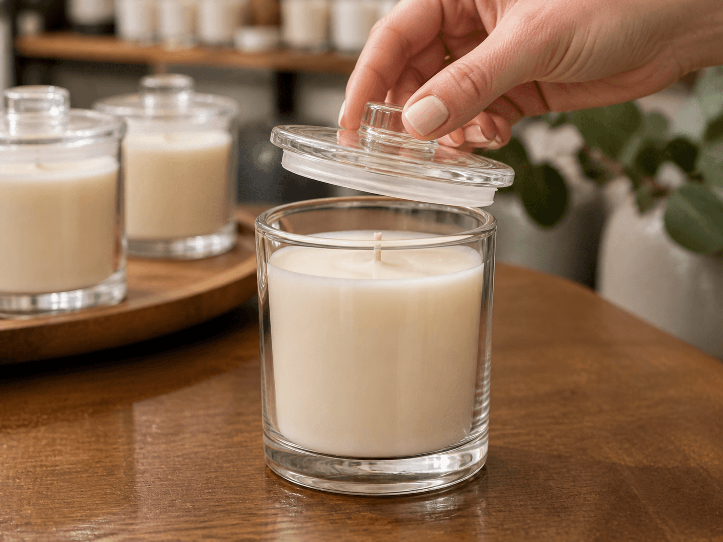 Glass-lid Candle Jar used for a lid lifted and put back by shoppers in a store displays setting