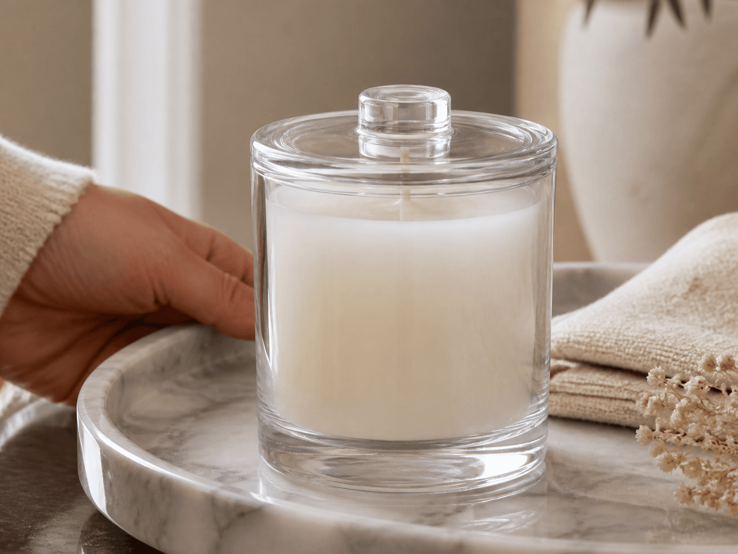 Glass-lid Candle Jar used for a candle that stays on show when closed in a visible wax setting