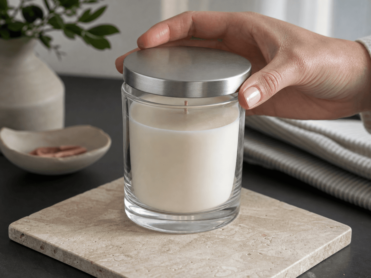 Metal-lid Candle Jar used for brushed metal against clear glass in a modern ranges setting