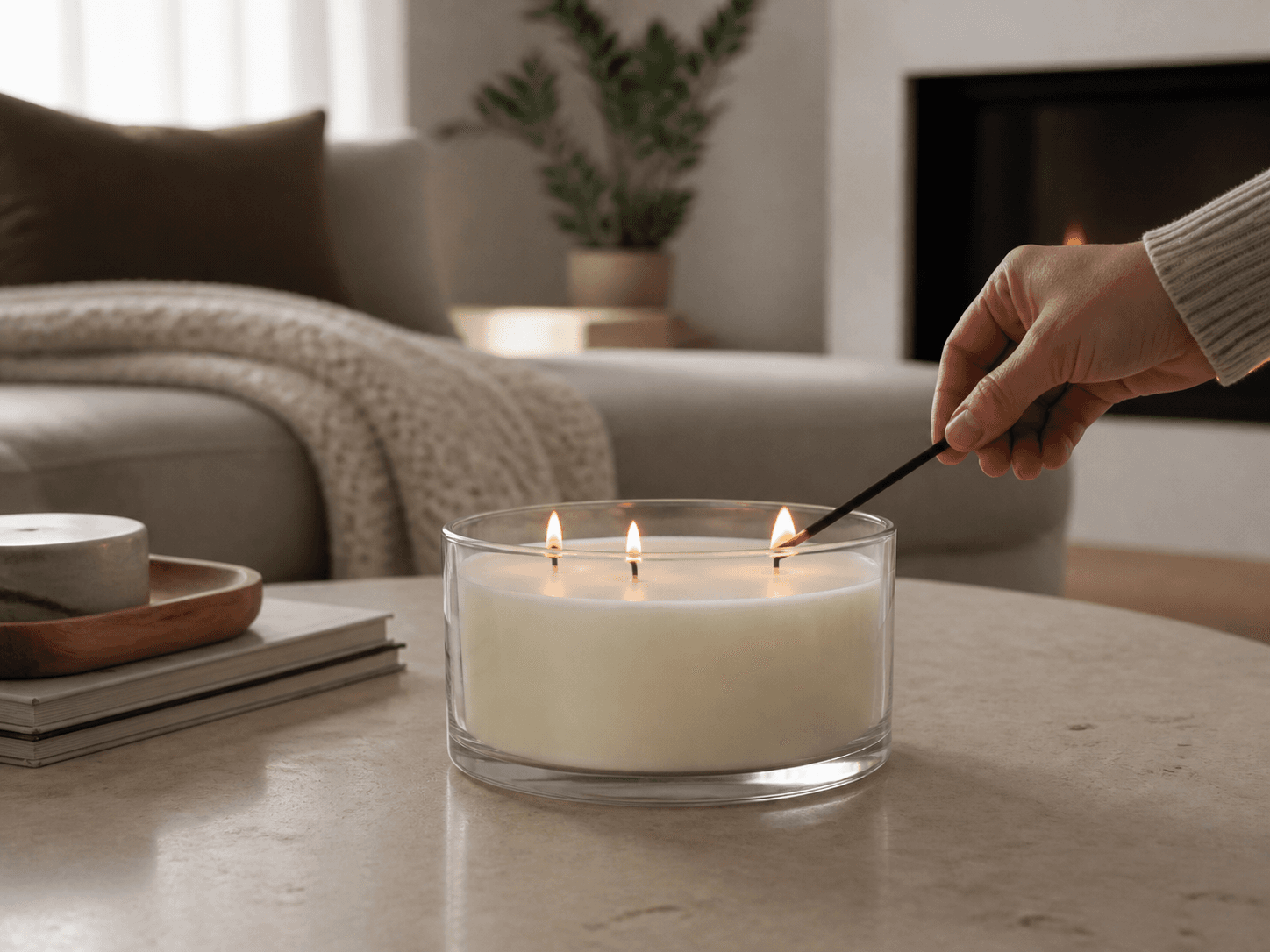 Multi-wick Candle Vessel used for wide candles for open living spaces in a large room candles setting
