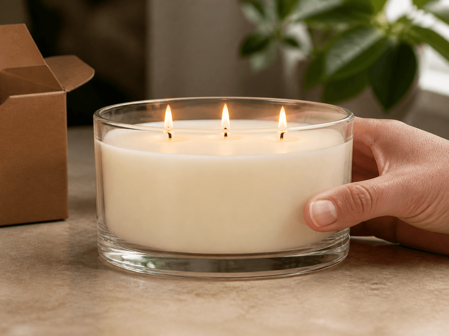 Multi-wick Candle Vessel used for wide lids, cartons and handling in a presentation setting