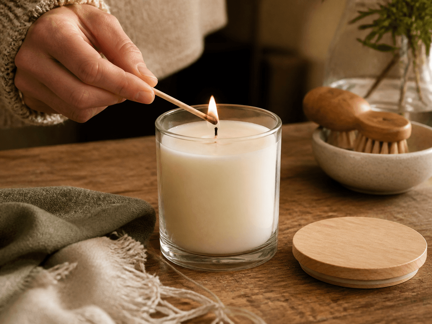 Wood-lid Candle Jar used for candles positioned on warmth and craft in a natural ranges setting