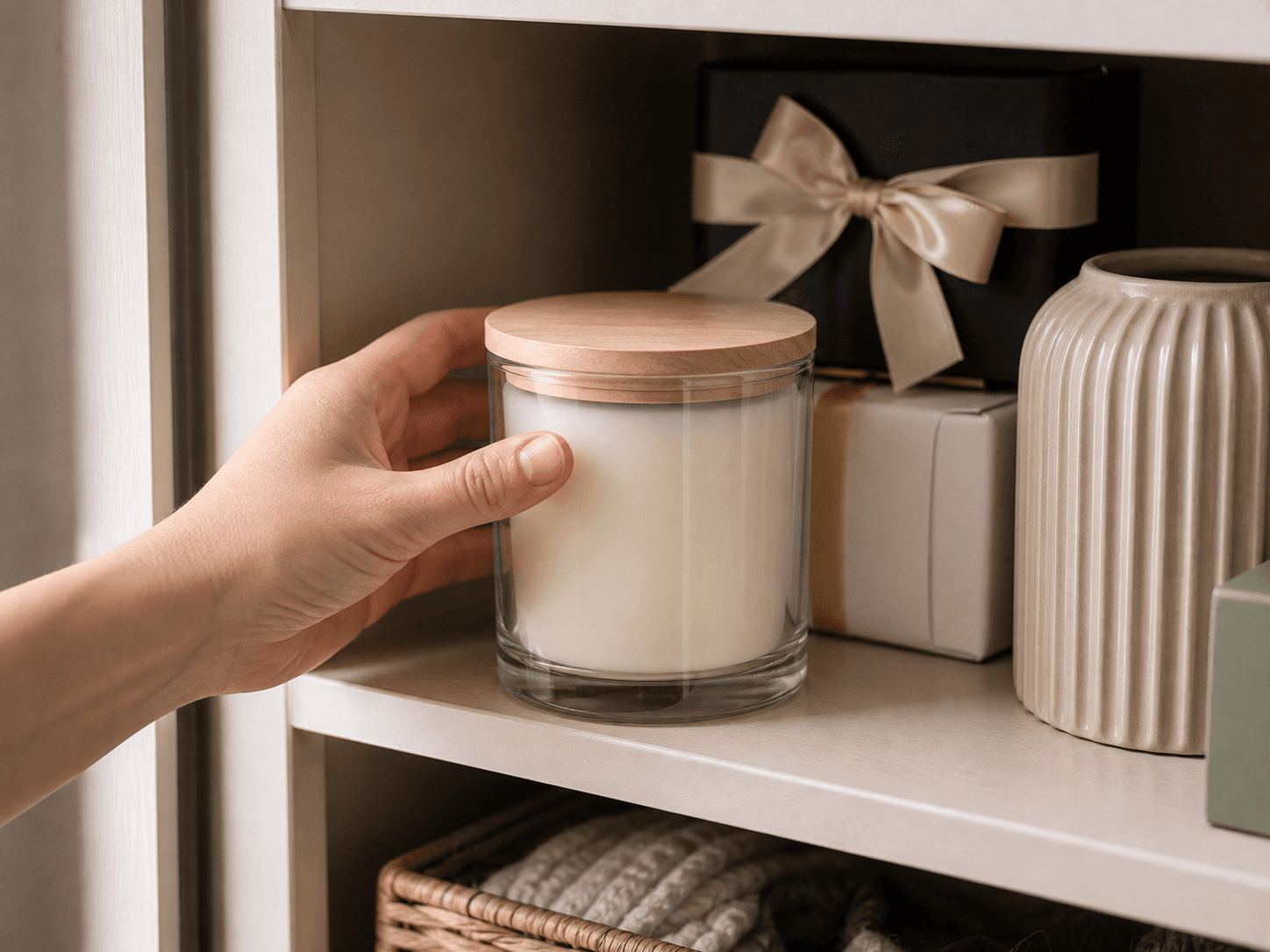 Wood-lid Candle Jar used for a candle kept months before it is lit in a gift shelves setting
