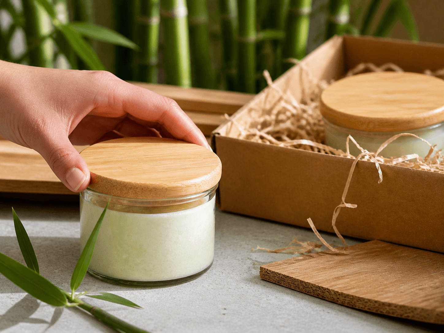 Bamboo Lid used for products chosen for a renewable material in a sustainability-led ranges setting
