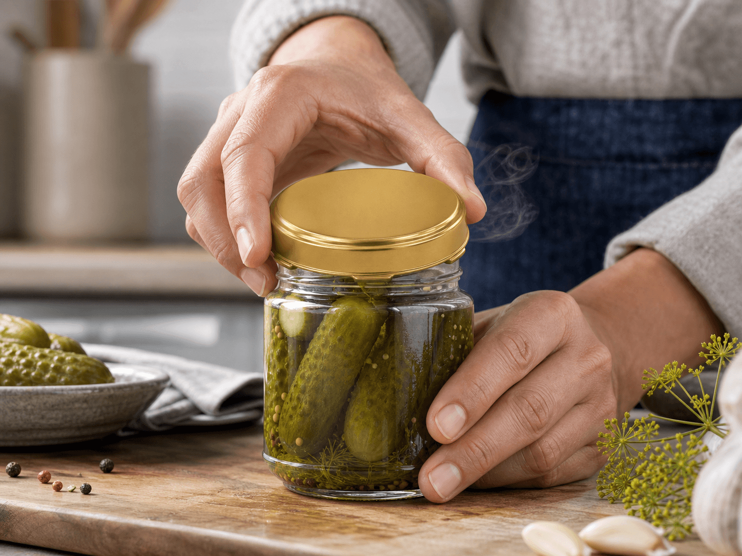 Metal Lug Cap used for jars that pop when first opened in a vacuum-sealed foods setting