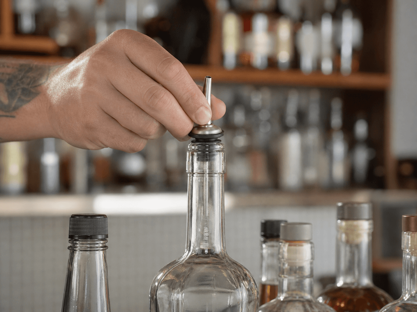 Pour Spout used for one spout pushed into whatever is open in a back-bar bottles setting