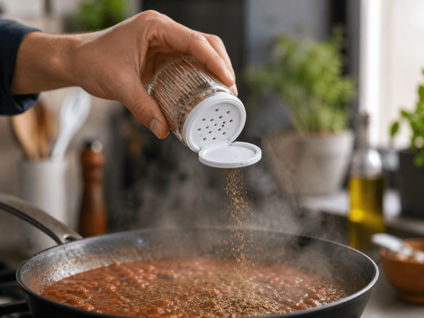 Shaker Cap used for seasoning shaken into rising steam in a over a hot pan setting