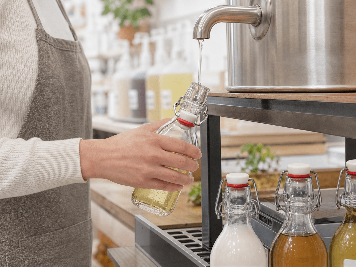 Swing-top Clip Closure used for the same bottle brought back every week in a refill stations setting