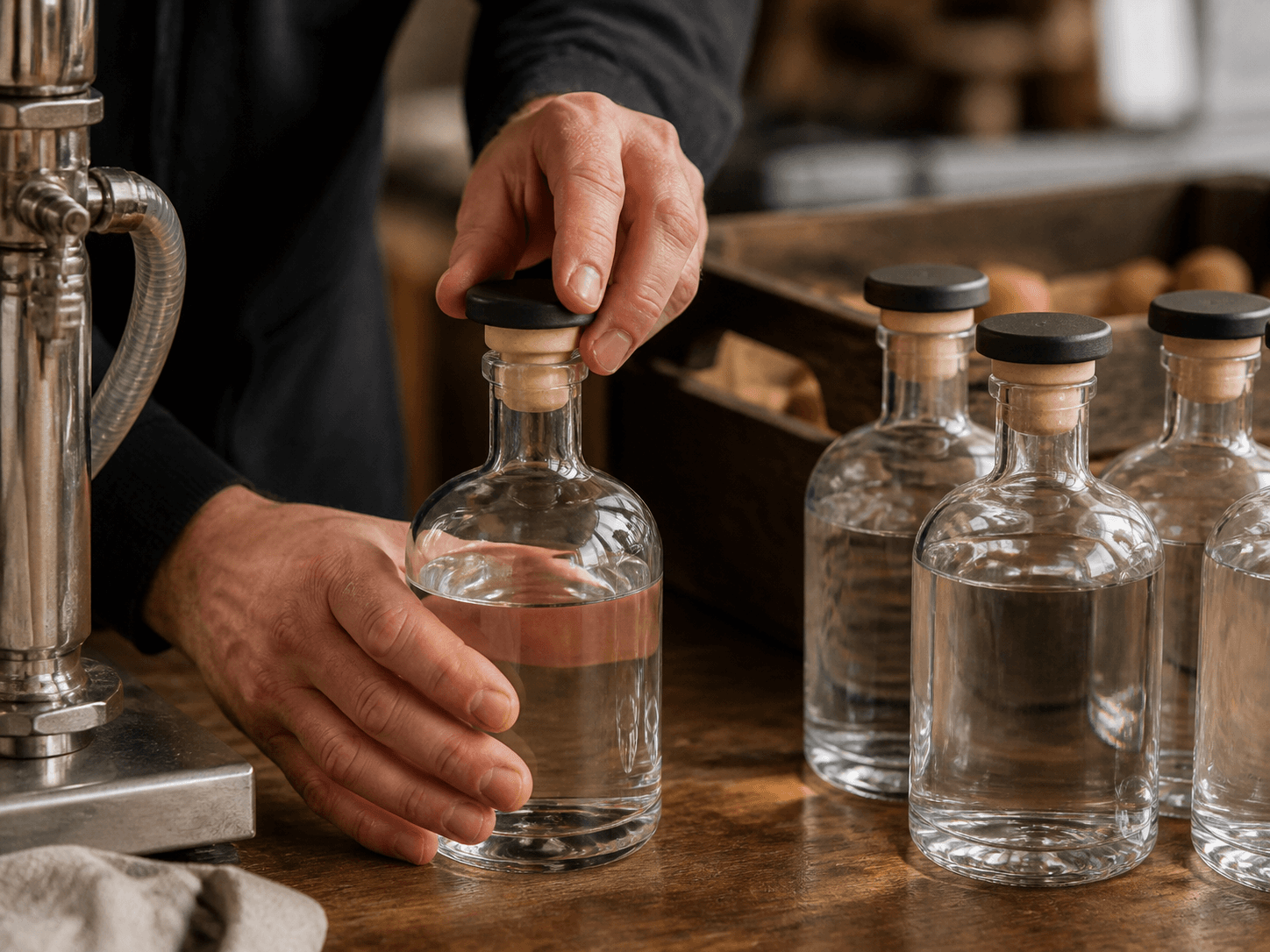 T-top Cork Stopper used for small runs corked by hand in a craft distillers setting