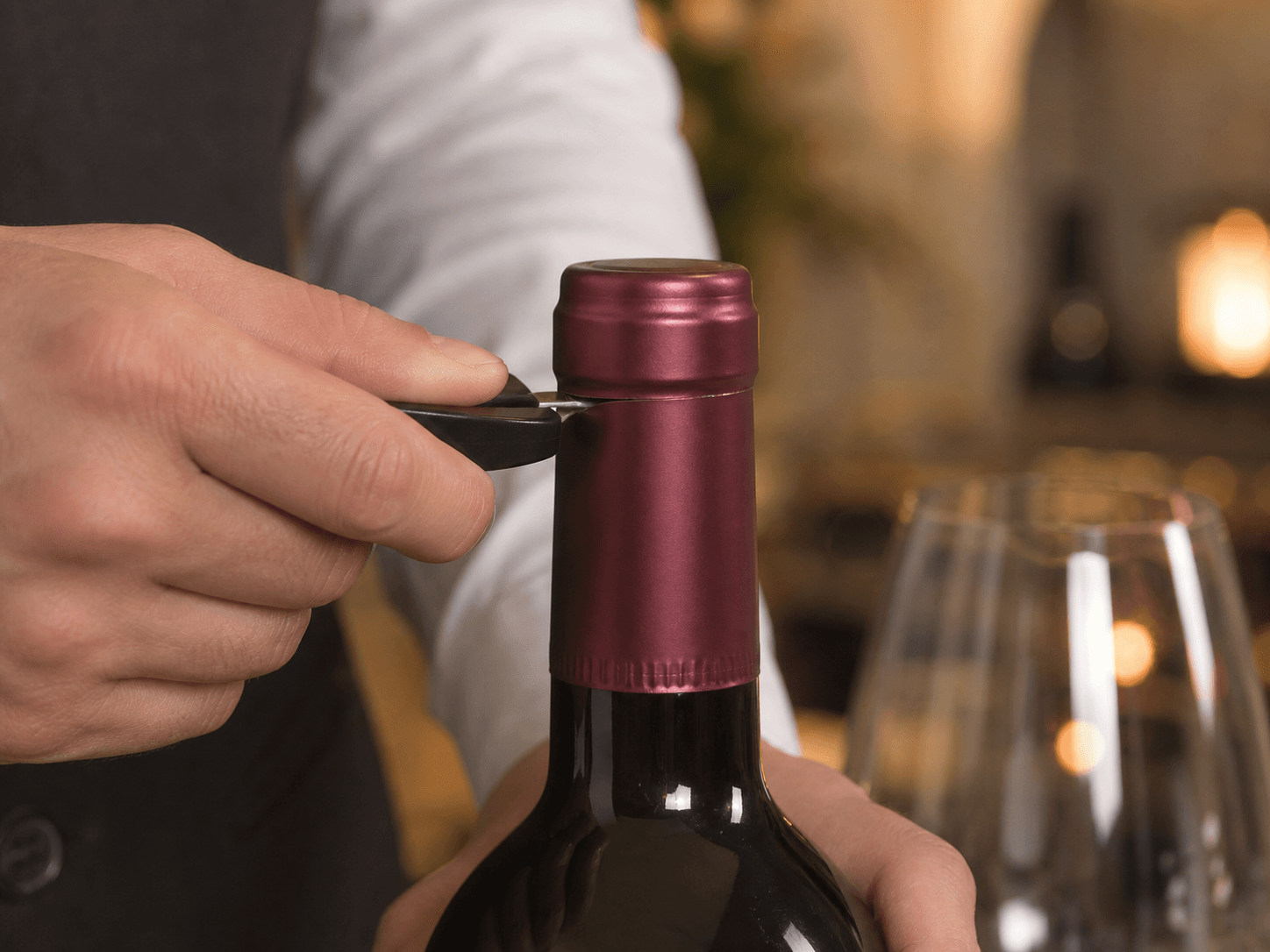 Wine Capsule used for cutting the capsule to reach the cork in a tableside service setting