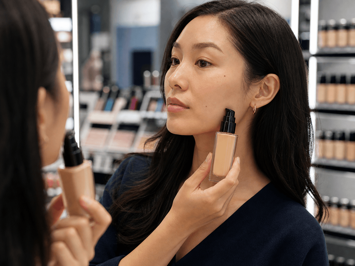 Foundation Bottle used for complexion ranges across many tones in a shade matching setting