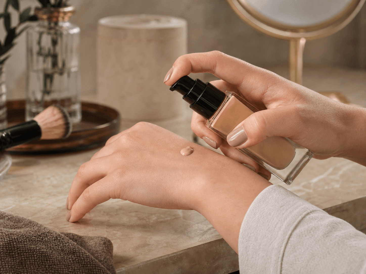 Foundation Bottle used for pump dosing onto a brush or hand in a daily application setting