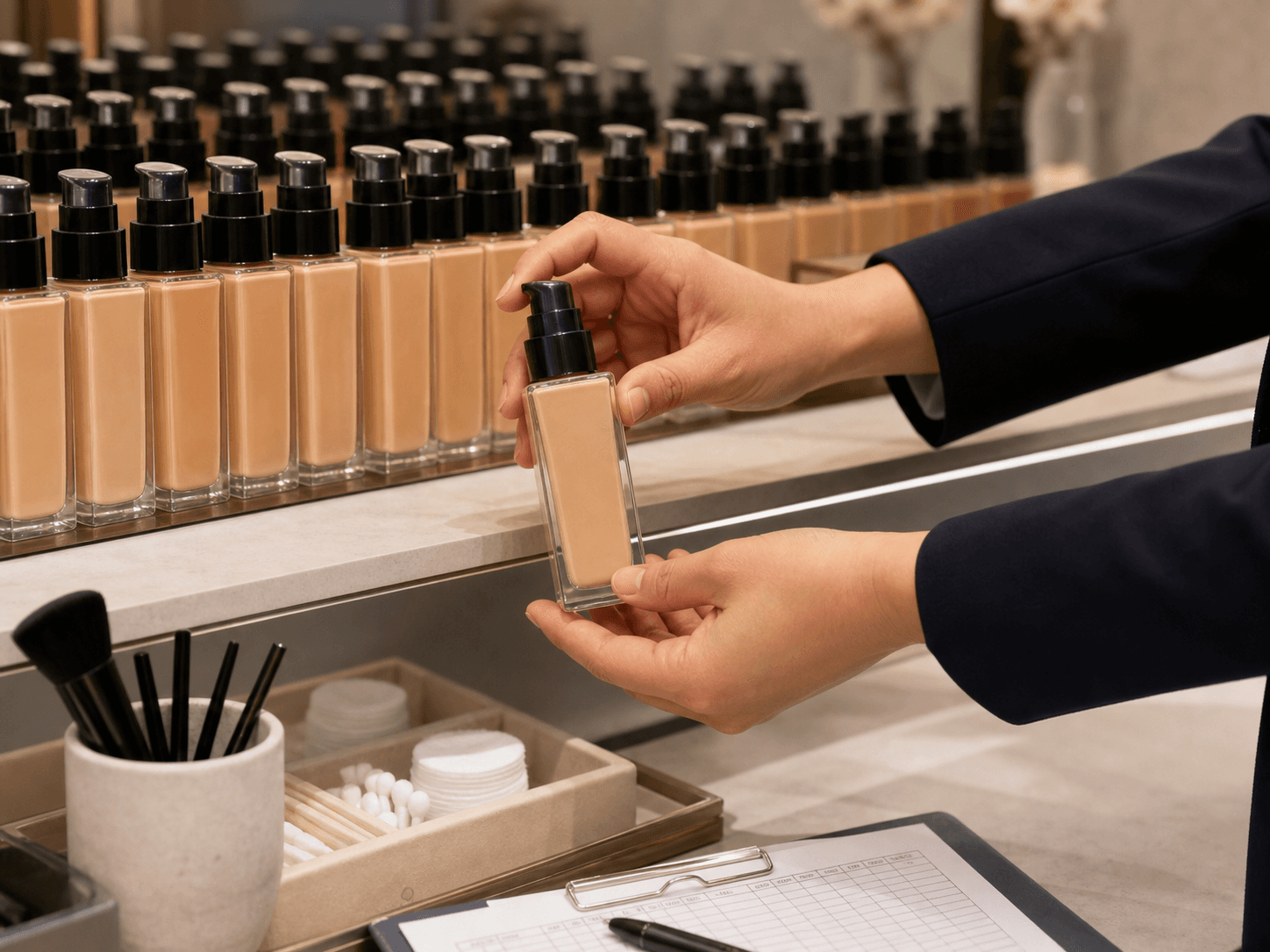 Foundation Bottle used for managing thirty shades on a shelf in a range operations setting